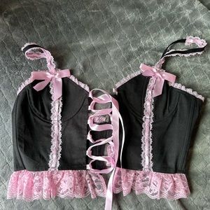 Dolls Kill Black and Pink Lace-Up Top
